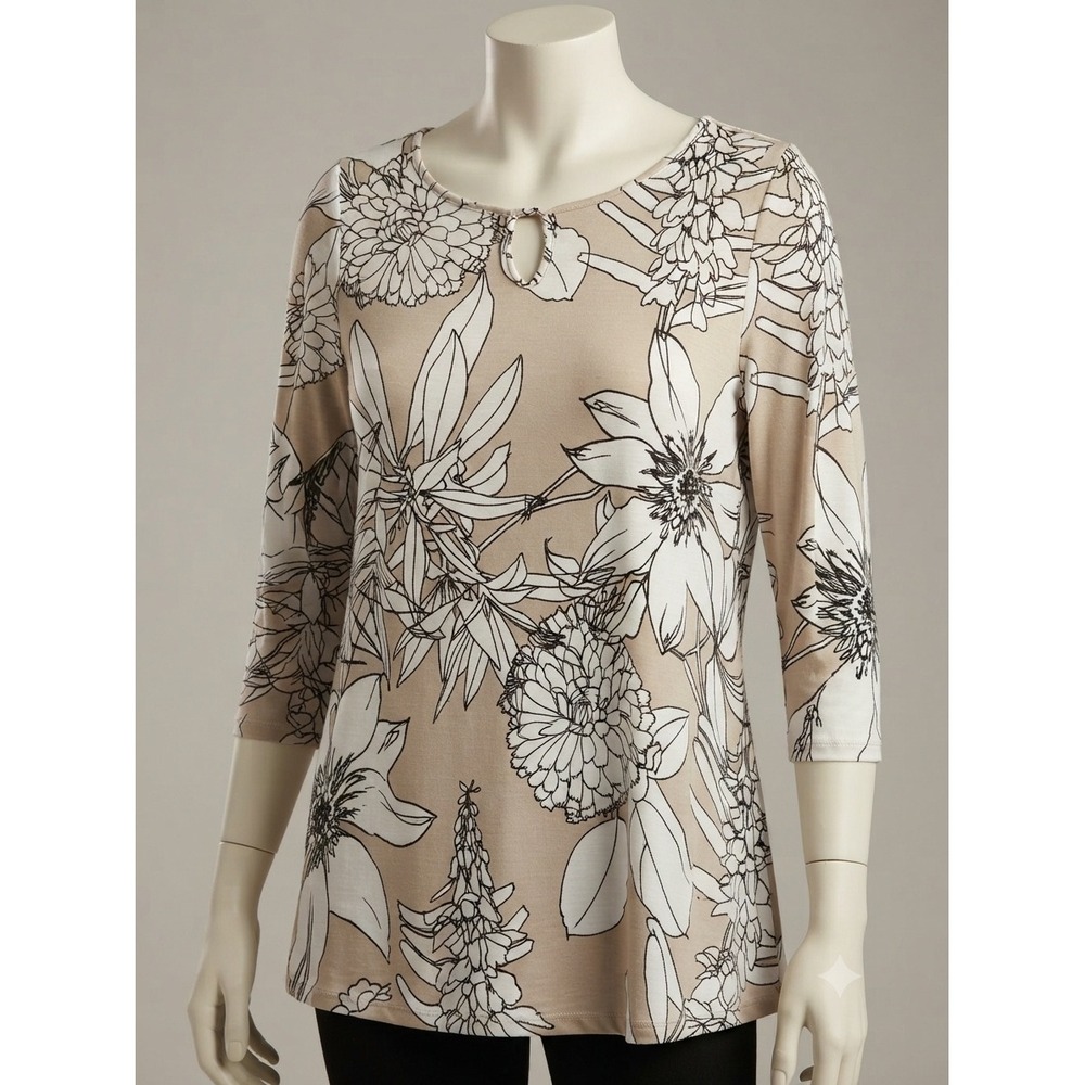 Clara Sunwoo Womens Floral Tunic Top Tan Black Keyhole Neck‎ 3/4 Sleeve Small